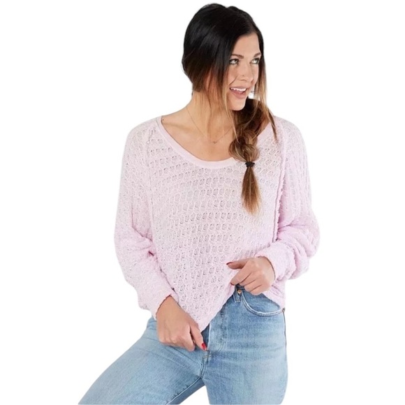 Free People We The Free Pink Thiens Hacci Boho Frayed Knit Sweater Oversized M - Picture 2 of 11